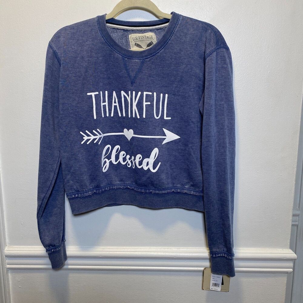 Thankful Blessed Arrow Graphic Sweatshirt U.S. Vintage Navy Blue NWT Soft Cozy L